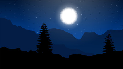 Naklejka premium night view, landscape night, sky, mountains, moon, landscape night view illustration