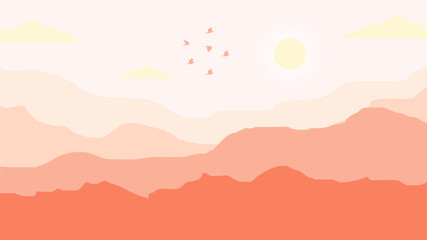 sunset view, landscape background, moutains landscape illustration,  sky, birds, tree