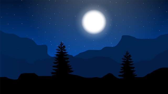 night view, landscape night, sky, mountains, moon, landscape night view illustration