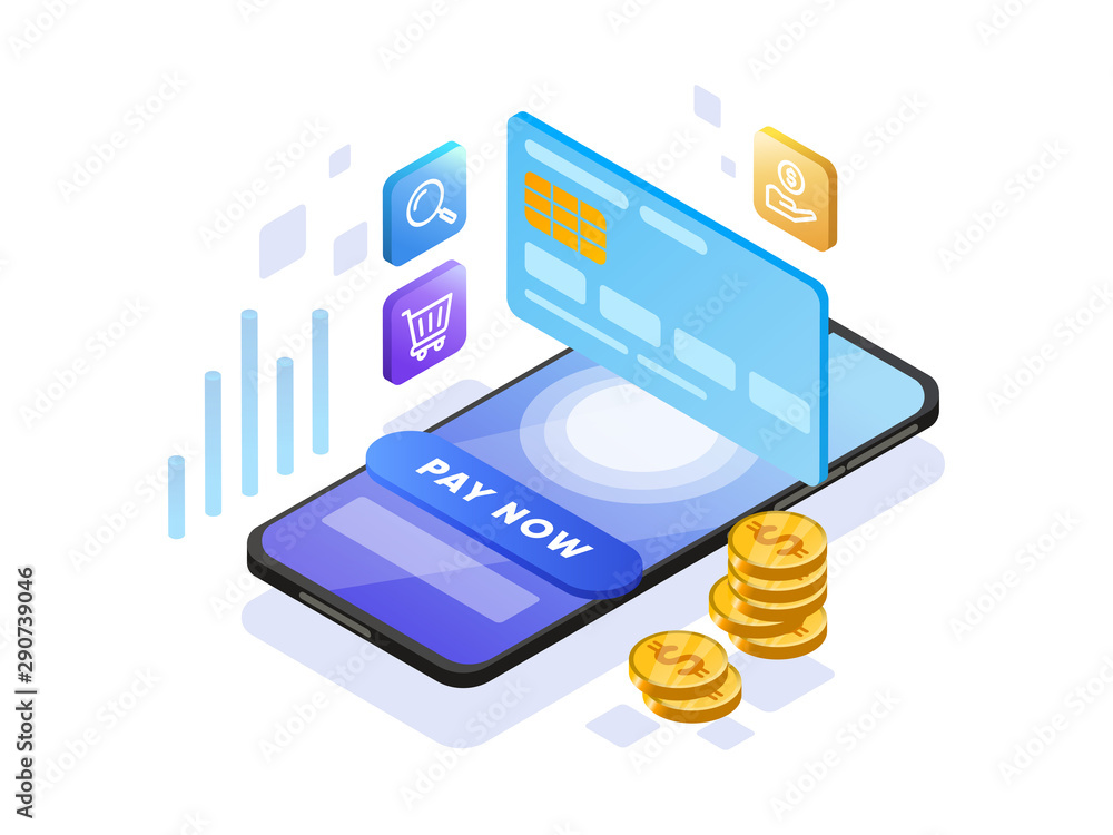 Poster online payment with mobile phone isometric illustration concept. modern design concept of web page d