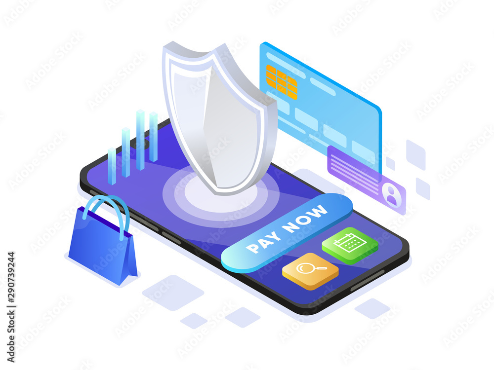 Poster online payment with mobile phone isometric illustration concept. modern design concept of web page d