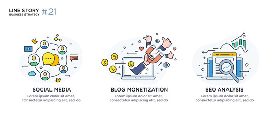 Set of illustrations concept with business concept. Workflow, growth, graphics. Business development, milestones, start-up. linear illustration Icons infographics. Landing page site print poster. Line