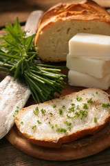 Bread with lard and chives. Traditional peasant food.