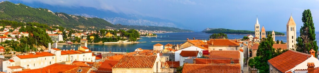 Beautiful Island Rab in Croatia. Townscape panorama from belltower.
