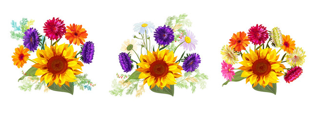 Horizontal set bouquets autumn flowers: sunflowers, gerbera, daisy flowers, asters, twigs Asparagus, white background. Digital draw, illustration in watercolor style for design, panoramic view, vector
