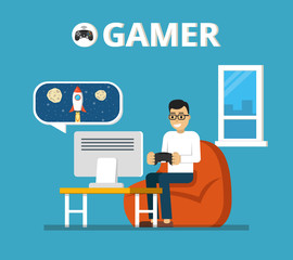 Man sitting on beanbag holds the gamepad and playing video games. Gamer concept. Flat vector illustration.