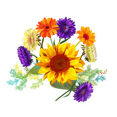 Bouquet autumn flowers: yellow sunflowers, gerbera daisy flower, white, purple asters, twigs of Asparagus on white background. Digital draw, illustration in watercolor style for design, vector