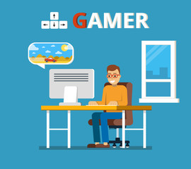Man sitting at home behind his desk and playing video games. Gamer concept. Flat vector illustration.