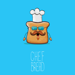 vector funky cartoon cute bread chef character with white chef hat isolated on blue background. My name is bread concept illustration. Bakery funky logo or mascot design template