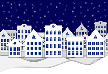 Fototapeta premium Vector Paper Winter Art, Buildings on the Snow, Horizontal Seamless Background.