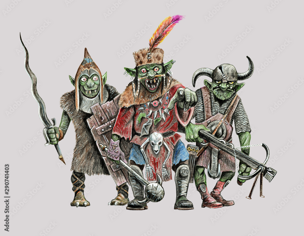Wall mural gang of goblins. fantasy illustration. goblin with sword drawing. - Wall murals
