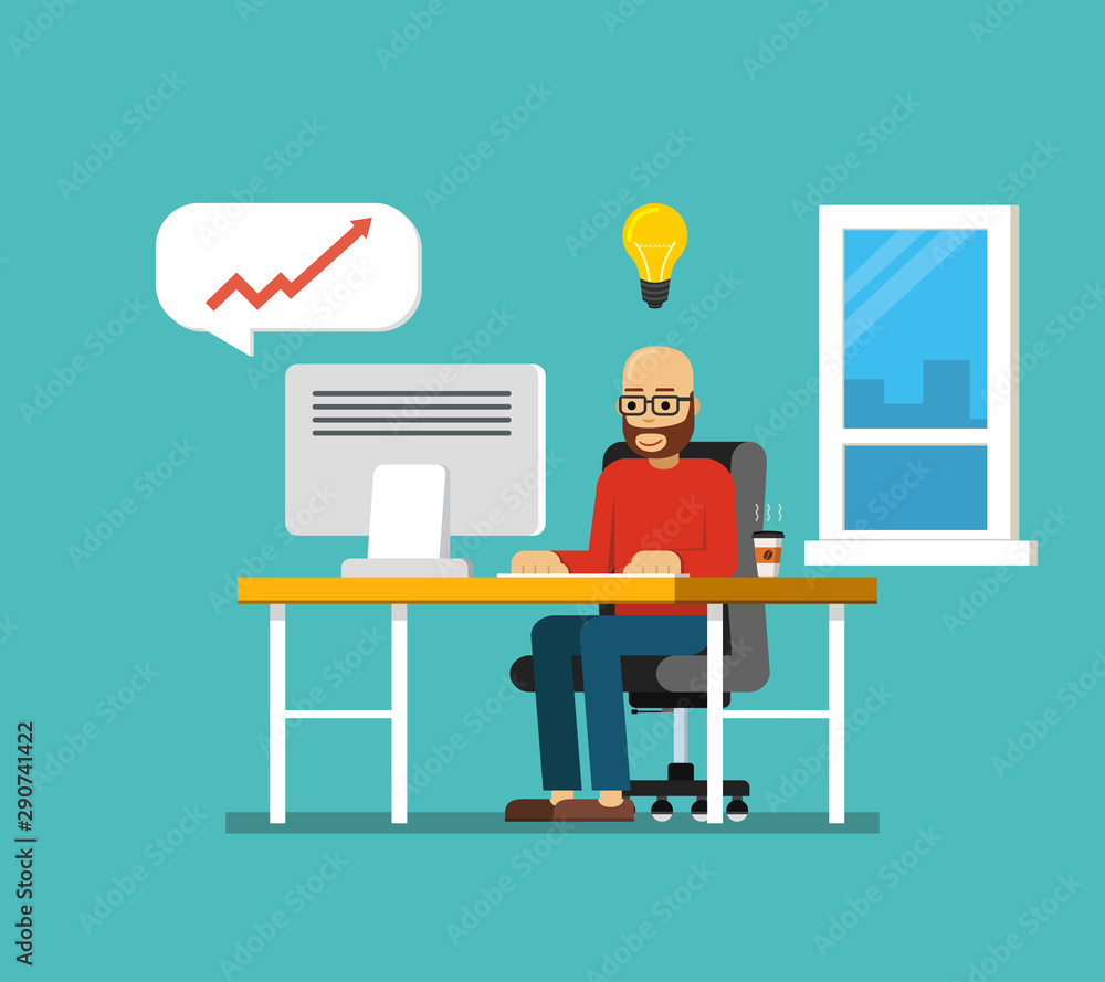 Aufkleber man working in office behind his desk with desktop computer and coffee. workspace consept. flat vect