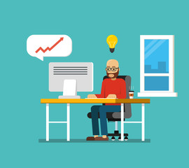 Man working in office behind his desk with desktop computer and coffee. Workspace consept. Flat vector illustration.