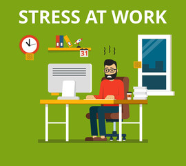 Stress at work concept. Tired and overworked businessman or office worker sitting at his desk. Flat vector illustration.
