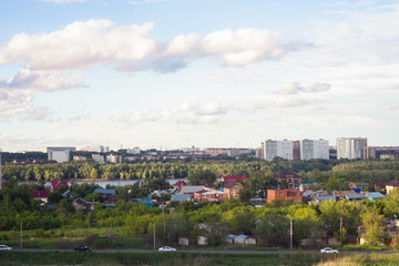 Downtown skyline over blue cloudy sky. city landscape, view over the city