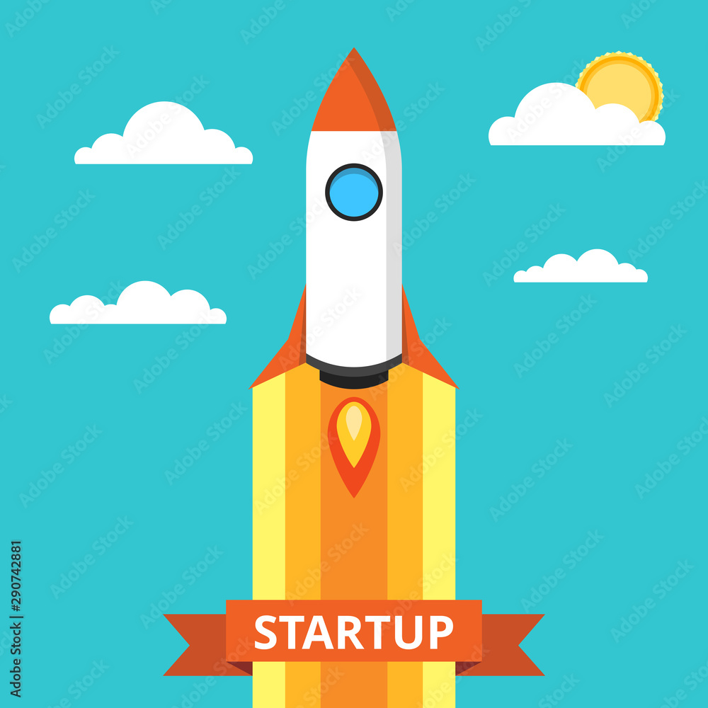 Poster startup concept. rocket launch over the word. project development. flat vector illustration.