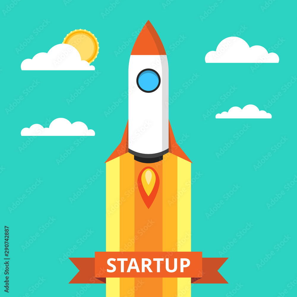 Poster startup concept. rocket launch over the word. project development. flat vector illustration.