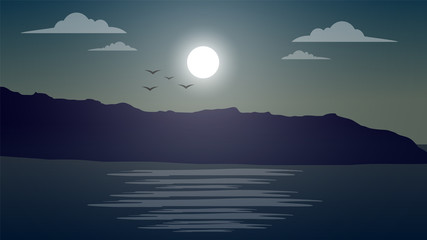 Fototapeta na wymiar landscape night background, mountains, moon, sea, sky, dark, night view illustration