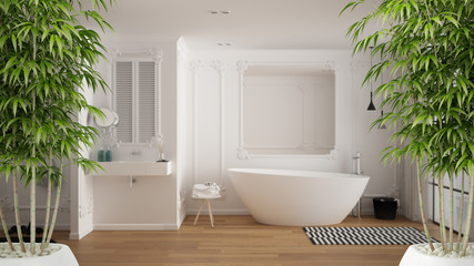 Zen interior with potted bamboo plant, natural interior design concept, minimalist luxury bathroom with bathtub, sink and carpet, contemporary modern architecture concept idea