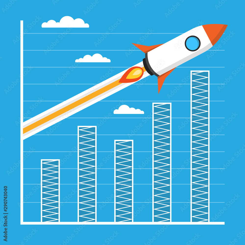 Poster startup concept. rocket flies over the business graph or chart. project development. flat vector ill