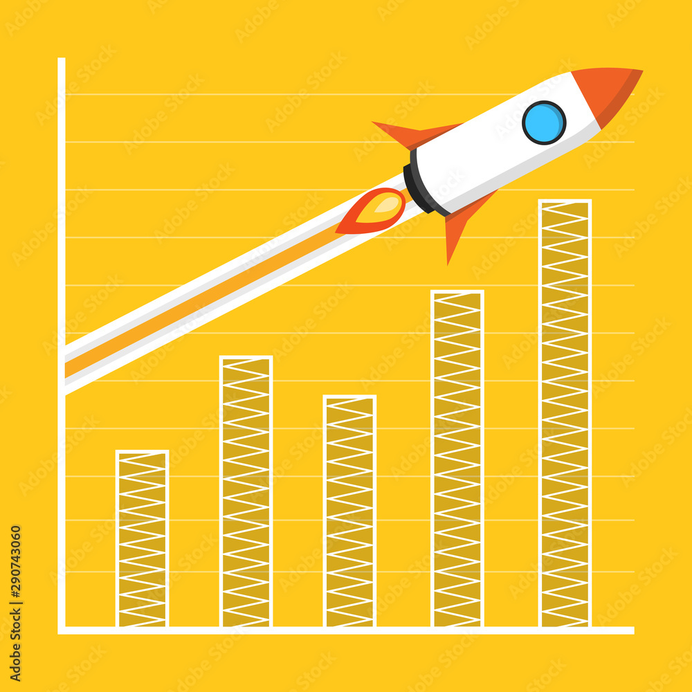 Poster startup concept. rocket flies over the business graph or chart. project development. flat vector ill