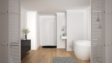 Fototapeta na wymiar White folding door opening on minimalist luxury bathroom with bathtub, sink, carpet and mirror, white interior design, architect designer concept, blur background