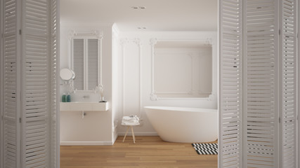 White folding door opening on minimalist luxury bathroom with bathtub, sink, carpet and mirror, white interior design, architect designer concept, blur background