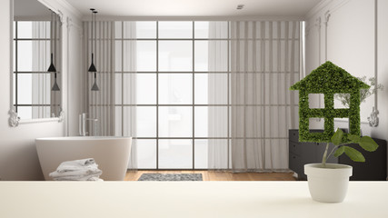 White table top or shelf with green plant in pot shaped like house, minimalist bathroom with bathtub in the background, interior design, real estate, eco architecture concept idea