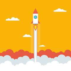 Rocket flying in the sky. Concept of new business project startup. Flat cartoon style. Vector illustration.