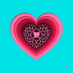 Vector illustration in paper cut origami style with symmetric pink heart shapes and twirls. Paper art carve for romantic event, holiday, occasion