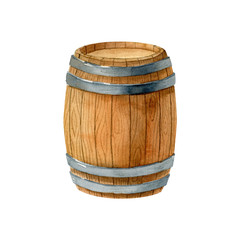 Fototapeta premium Old wooden barrel with metal hoops isolated on white background. Garden equipment. Watercolor illustration, hand drawn clipart.