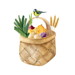 Birchbark basket full of fresh ripe vegetables and wheat ears. Titmouse bird on basket handle....