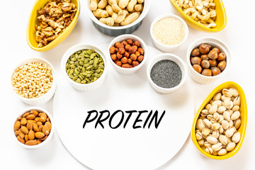 Top View of Variety of Nuts and Seeds on the White Background with Protein Text Copy