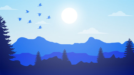 Fototapeta premium sunset, sunrise, landscape background, moon, sun, mountains, nature, birds