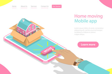 Isometric flat vector landing page template of home moving mobile order, relocation service, fast delivery.