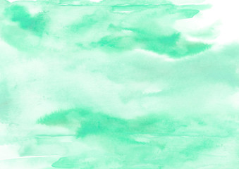 Obraz premium Watercolor green background, blot, blob, splash of green paint. Watercolor green sky, spot, abstraction. Abstract art illustration, scenic background. Abstract artistic frame.