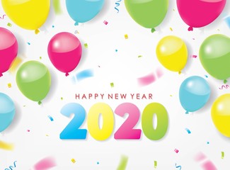 Colorful 2020 Happy New Year Greeting with Balloons and Scattered Conffetis. Vector Illustration. Design element for flyers, leaflets, postcards and posters.