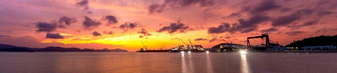 A landscape view of beautiful sunset at sea port, South Korea.