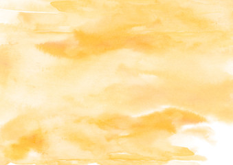 Watercolor yellow background, blot, blob, splash of blue, green paint. Watercolor yellow sky, spot, abstraction. Abstract art illustration, scenic background. Abstract artistic frame.