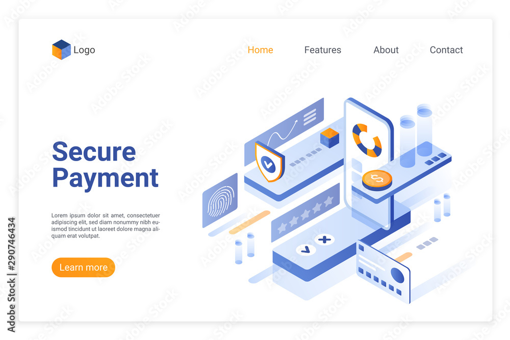 Poster Secure payment isometric vector landing page template. Banking money account protection website homepage 3d layout. E wallet access safety concept. Credit card encryption web banner design
