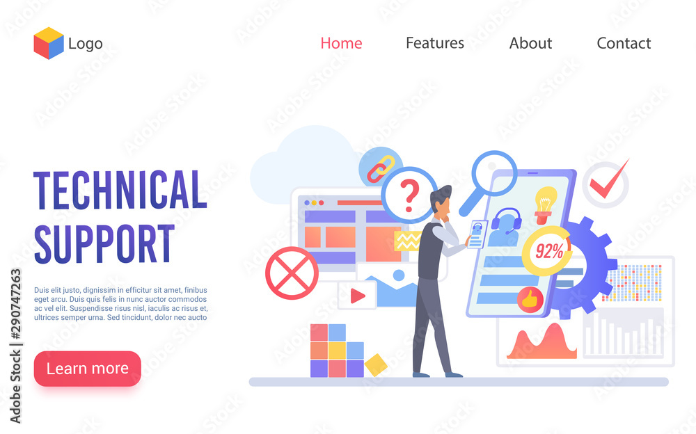 Aufkleber Technical support flat vector landing page template. Customer service, call center website homepage layout. IT engineer operator male cartoon character. Technician helpdesk web banner design