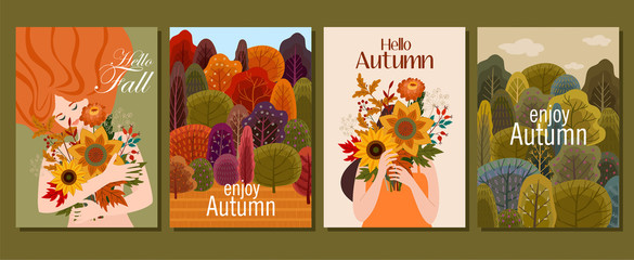Collection of autumn cards. Vector illustration. Beautiful template. Can be used for banner, poster, card, postcard and print.