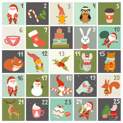 Christmas calendar with cute cartoon characters and decorative elements. Xmas Poster. Vector illustrations.