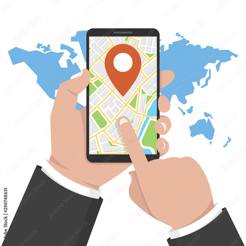 Poster hand holding phone with map and marker. mobile gps navigation and tracking concept. world map on bac