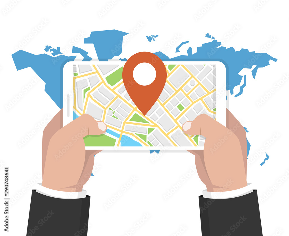 Poster hand holding phone with map and marker. mobile gps navigation and tracking concept. world map on bac