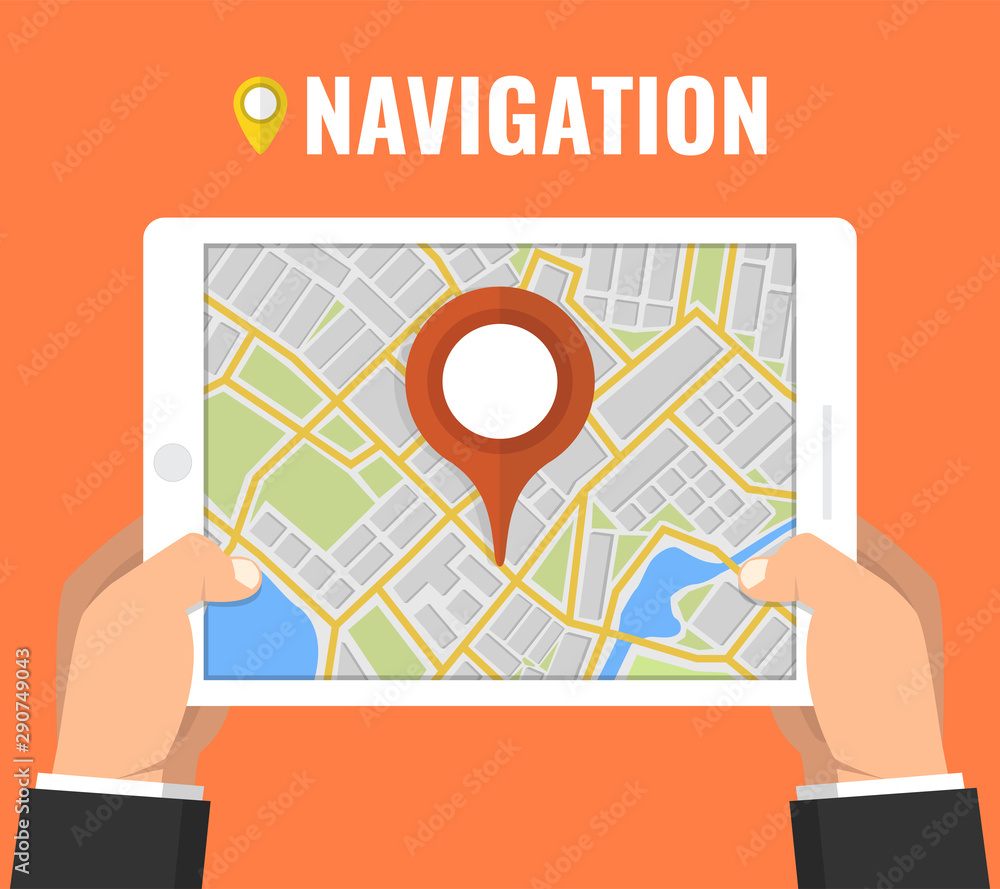 Poster man holding a tablet with mobile gps navigation. concept for finding the right place. flat vector il