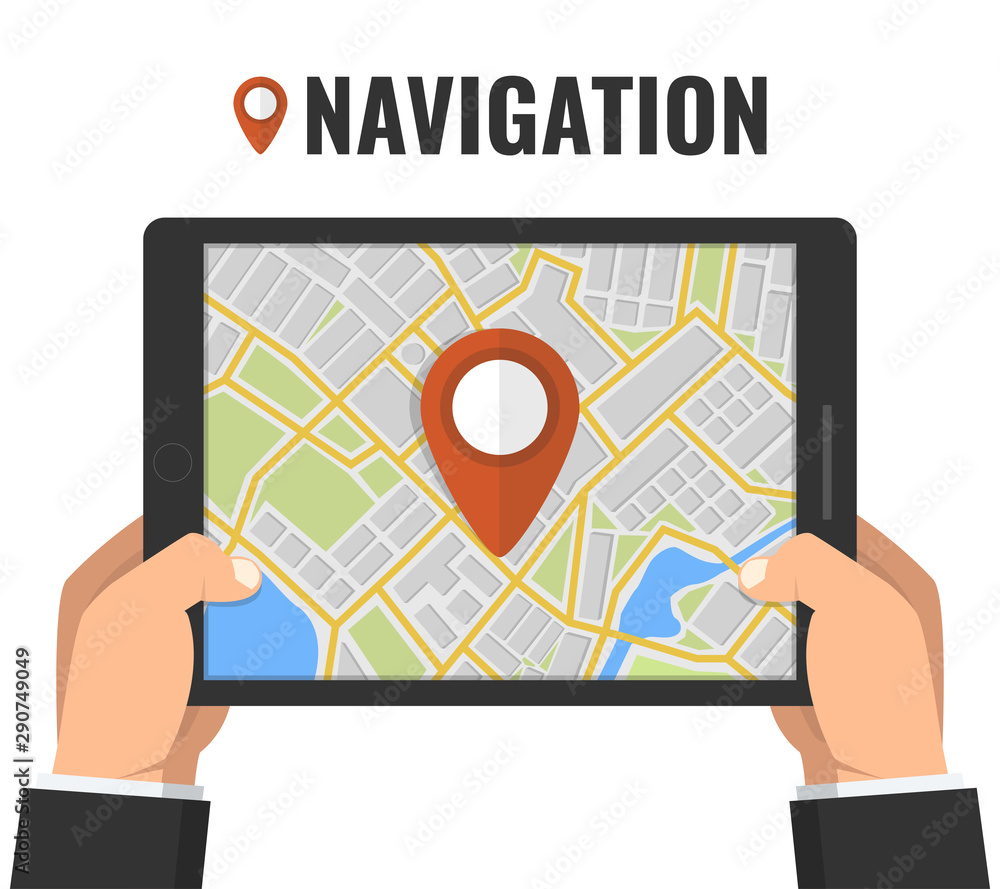 Poster man holding a tablet with mobile gps navigation. concept for finding the right place. flat vector il