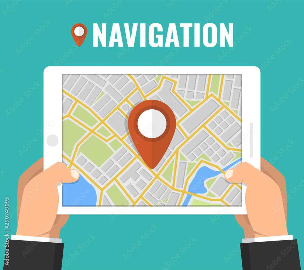 Aufkleber man holding a tablet with mobile gps navigation. concept for finding the right place. flat vector il