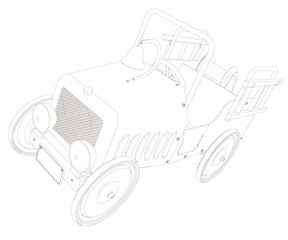 Contour retro car. An old car without a roof. Perspective view. Vector illustration.
