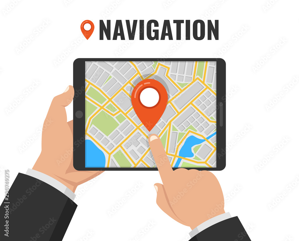 Poster man holding a tablet with mobile gps navigation. concept for finding the right place. vector illustr